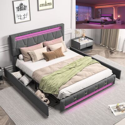OEM Letto 160x200 Cm Grigio Con Cassetti E Led Integrata - Rete A Doghe, Testata Regolabile, Stile Scandinavo OEM Letto 160x200 Cm Grigio Con Cassetti E Led Integrata - Rete A Doghe, Testata Regolabile, Stile Scandinavo