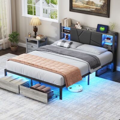 SOLKVUNZA Letto Con Cassetti 140x200 Cm, Letto Contenitore Per Adulti Con Illuminazione Led Rgb Tramite App, Stazione Di Ricarica E Testiera Contenitore, Pu, Nero SOLKVUNZA Letto Con Cassetti 140x200 Cm, Letto Contenitore Per Adulti Con Illuminazione Led Rgb Tramite App, Stazione Di Ricarica E Testiera Contenitore, Pu, Nero