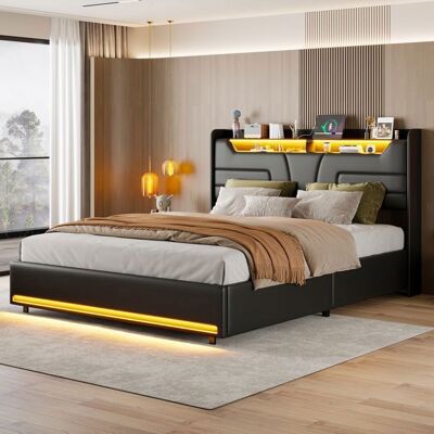 OEM Struttura Letto 140x200 Con Cofano Idraulico Led Pu Nero - Rete A Doghe, Testata Con Porta Di Ricarica OEM Struttura Letto 140x200 Con Cofano Idraulico Led Pu Nero - Rete A Doghe, Testata Con Porta Di Ricarica