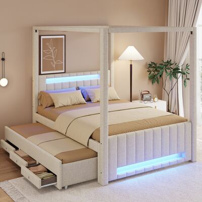 WISHDOR Letto Adulti 140x200 Cm Con Letto Aggiuntivo, Led E 3 Cassetti In Lino, Beige, Senza Materasso WISHDOR Letto Adulti 140x200 Cm Con Letto Aggiuntivo, Led E 3 Cassetti In Lino, Beige, Senza Materasso