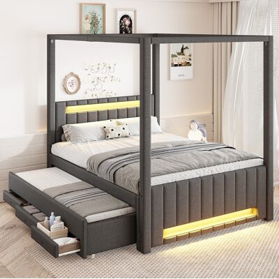 WISHDOR Letto Adulti 140x200 Cm Con Letto Aggiuntivo, Led E 3 Cassetti In Lino, Grigio, Senza Materasso WISHDOR Letto Adulti 140x200 Cm Con Letto Aggiuntivo, Led E 3 Cassetti In Lino, Grigio, Senza Materasso