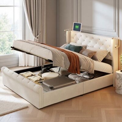 OEM Letto Matrimoniale 140x190 Cm - Velluto Beige - Contenitore Idraulico - Led + Usb - Rete A Doghe OEM Letto Matrimoniale 140x190 Cm - Velluto Beige - Contenitore Idraulico - Led + Usb - Rete A Doghe