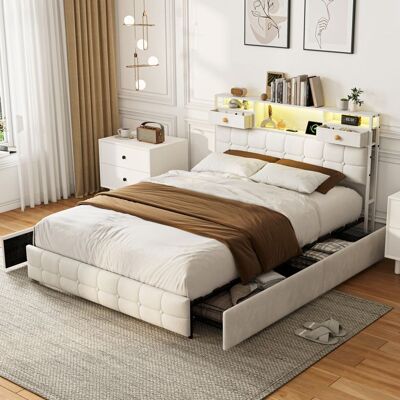 OEM Letto Matrimoniale 140x200 - Velluto Beige - 6 Cassetti - Testiera Led Usb/type-c - Rete A Doghe OEM Letto Matrimoniale 140x200 - Velluto Beige - 6 Cassetti - Testiera Led Usb/type-c - Rete A Doghe