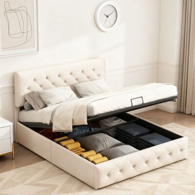 OEM Letto Contenitore 160 X 200 - Pocketpop - Velluto Bianco Sporco - Rete A Doghe Inclusa - Contenitore Idraulico 300 Kg OEM Letto Contenitore 160 X 200 - Pocketpop - Velluto Bianco Sporco - Rete A Doghe Inclusa - Contenitore Idraulico 300 Kg