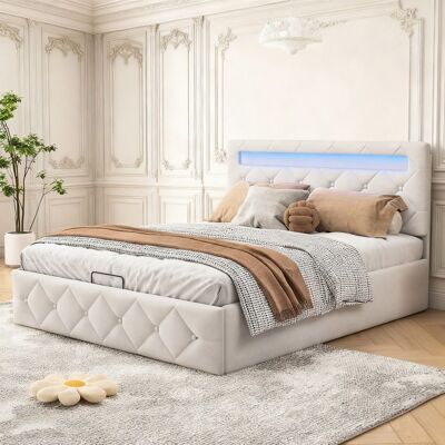 OEM Letto Contenitore 140x190 In Velluto Beige - Led Rgb Integrato - Idraulico - Rete Inclusa - Testata Regolabile OEM Letto Contenitore 140x190 In Velluto Beige - Led Rgb Integrato - Idraulico - Rete Inclusa - Testata Regolabile