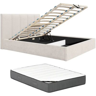 Unique Letto Con Contenitore 140 X 190 Cm Con Testata Letto Impunture Verticali Tessuto Beige Con Materasso - Kilaclo Unique Letto Con Contenitore 140 X 190 Cm Con Testata Letto Impunture Verticali Tessuto Beige Con Materasso - Kilaclo