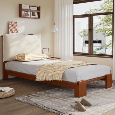 WISHDOR Letto Adulto 90x200 Cm Con Rete A Doghe E Piedi Letto Allargati, In Legno E Tessuto Marrone, Materasso Non Incluso WISHDOR Letto Adulto 90x200 Cm Con Rete A Doghe E Piedi Letto Allargati, In Legno E Tessuto Marrone, Materasso Non Incluso