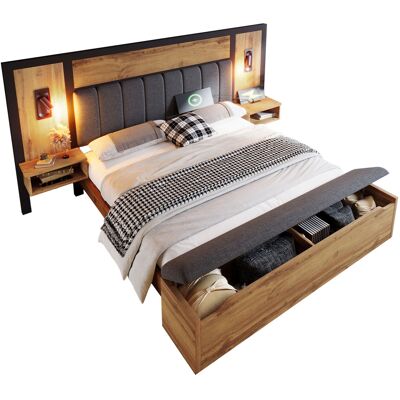 STILVORA Letto Per Adulti 160 X 200 Cm In Legno E Metallo, Letto Matrimoniale Con Lampada Da Lettura, Panca Contenitore, Usb E Type-c, Senza Materasso, Rovere STILVORA Letto Per Adulti 160 X 200 Cm In Legno E Metallo, Letto Matrimoniale Con Lampada Da Lettura, Panca Contenitore, Usb E Type-c, Senza Materasso, Rovere