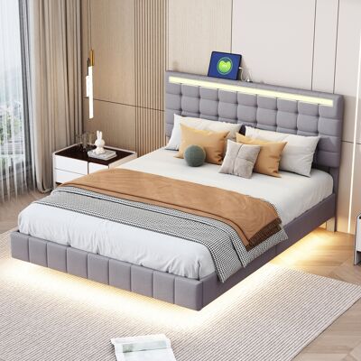 KELLANY Letto Imbottito 140 X 200 Cm, Telaio Letto Sospeso Imbottito Con Luci Led E Design Della Testiera, Letto Matrimoniale Per Ospiti In Lino Grigio Amico Della Pelle KELLANY Letto Imbottito 140 X 200 Cm, Telaio Letto Sospeso Imbottito Con Luci Led E Design Della Testiera, Letto Matrimoniale Per Ospiti In Lino Grigio Amico Della Pelle