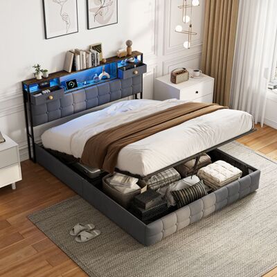 OEM Letto Matrimoniale Con Contenitore - 160x200 Velluto Grigio - Rete A Doghe In Legno Fsc - Led Rgb + Usb - 2 Cassetti Nella Testiera OEM Letto Matrimoniale Con Contenitore - 160x200 Velluto Grigio - Rete A Doghe In Legno Fsc - Led Rgb + Usb - 2 Cassetti Nella Testiera