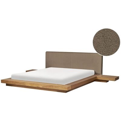 BELIANI Letto Matrimoniale Con Testata E Comodini In Legno E Tessuto Bouclé Tortora 160 X 200 Cm Zen BELIANI Letto Matrimoniale Con Testata E Comodini In Legno E Tessuto Bouclé Tortora 160 X 200 Cm Zen