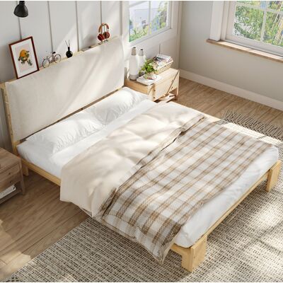 WISHDOR Letto Adulto 140x200 Cm Con Rete A Doghe E Piedi Letto Allargati, In Legno E Tessuto Naturale, Materasso Non Incluso WISHDOR Letto Adulto 140x200 Cm Con Rete A Doghe E Piedi Letto Allargati, In Legno E Tessuto Naturale, Materasso Non Incluso