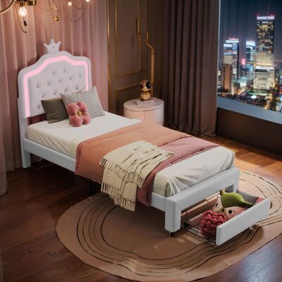 OEM Letto Bambino 90x200 Cm « Corona » Led Bianco Con Cassetto, Rete A Doghe — Struttura 1 Posto OEM Letto Bambino 90x200 Cm « Corona » Led Bianco Con Cassetto, Rete A Doghe — Struttura 1 Posto