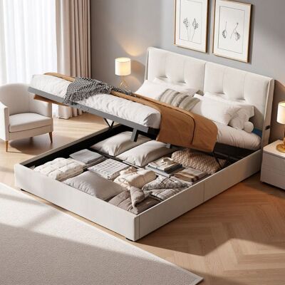 OEM Letto Con Contenitore 140x200 Cm - Qlt - Led Integrata - Velluto Beige - Rete A Doghe E Contenitore OEM Letto Con Contenitore 140x200 Cm - Qlt - Led Integrata - Velluto Beige - Rete A Doghe E Contenitore