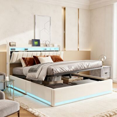 OEM Letto 140x200 - Capitonné - Contenitore Idraulico - Testata In Velluto Beige Led+usb - Metallo 12 Doghe 280kg OEM Letto 140x200 - Capitonné - Contenitore Idraulico - Testata In Velluto Beige Led+usb - Metallo 12 Doghe 280kg