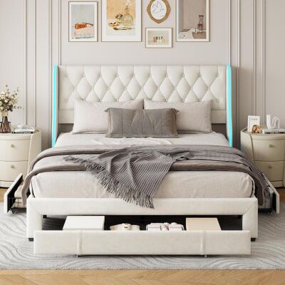 SOLKVUNZA Letto Con Cassetti 160x200 Cm In Velluto Beige - Testiera Con 3 Vani Contenitore E Led - Letto Matrimoniale Moderno Con Rete A Doghe - Chic - Beige SOLKVUNZA Letto Con Cassetti 160x200 Cm In Velluto Beige - Testiera Con 3 Vani Contenitore E Led - Letto Matrimoniale Moderno Con Rete A Doghe - Chic - Beige