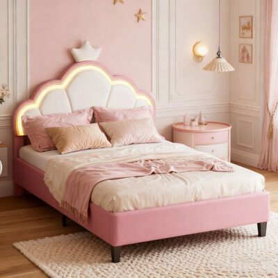 OEM Letto Bambino - Corona 90x190 - Testata In Velluto Corona & Nuvola - Rete A Doghe 12 - Led Integrata OEM Letto Bambino - Corona 90x190 - Testata In Velluto Corona & Nuvola - Rete A Doghe 12 - Led Integrata