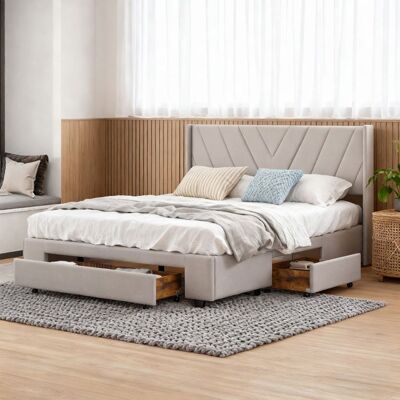 OEM Lit 140x190 Cm - Struttura Letto 140x190 - Testiera In Lino A Righe - 3 Cassetti - Rete A Doghe Inclusa OEM Lit 140x190 Cm - Struttura Letto 140x190 - Testiera In Lino A Righe - 3 Cassetti - Rete A Doghe Inclusa