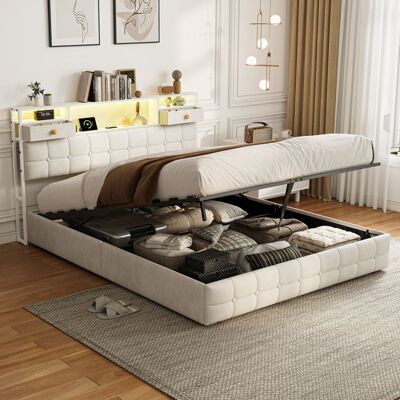 OEM Letto Matrimoniale Con Contenitore - 160x200 Velluto Beige - 2 Cassetti Nella Testiera - Led Rgb & Usb - Rete Inclusa OEM Letto Matrimoniale Con Contenitore - 160x200 Velluto Beige - 2 Cassetti Nella Testiera - Led Rgb & Usb - Rete Inclusa