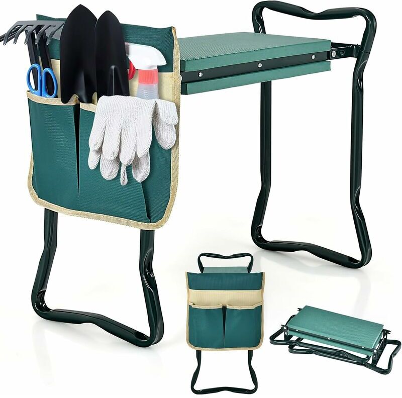 COSTWAY Inginocchiatoio da Giardino 2 in 1 Portatile e Pieghevole, Sgabello da Giardino con Grande Borsa per Attrezzi, Sedile per Giardinaggio per