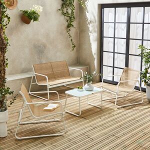 SWEEEK Set di mobili da giardino in metallo e textilene per 4 persone, bianco e naturale, design - Bianco