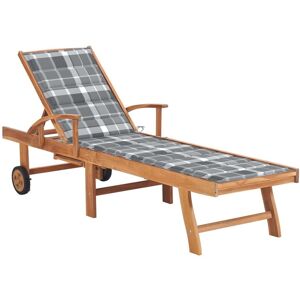 VIDAXL Lettino Prendisole Con Cuscino Grigio A Quadretti Legno Di Teak VIDAXL Lettino Prendisole Con Cuscino Grigio A Quadretti Legno Di Teak