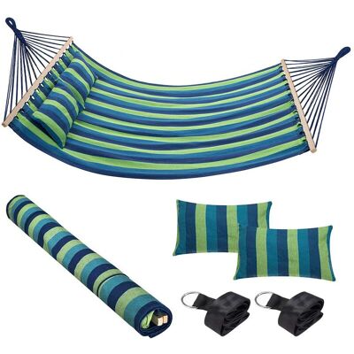 BAKAJI Amaca Giardino 2 Posti Legno Cotone Relax Esterno Campeggio 345x150cm Righe Blu BAKAJI Amaca Giardino 2 Posti Legno Cotone Relax Esterno Campeggio 345x150cm Righe Blu