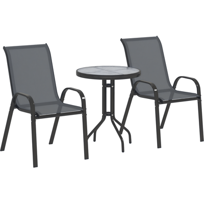 Zone Set Da Pranzo Piccolo Composto Da Tavolo E Sedie, Tre Pezzi, Mobili Da Giardino Resistenti Alle Intemperie, Include Un Tavolo In Vetro E Sedie Da Giardino Impilabili, Colore Grigio Scuro. Zone Set Da Pranzo Piccolo Composto Da Tavolo E Sedie, Tre Pezzi, Mobili Da Giardino Resistenti Alle Intemperie, Include Un Tavolo In Vetro E Sedie Da Giardino Impilabili, Colore Grigio Scuro.