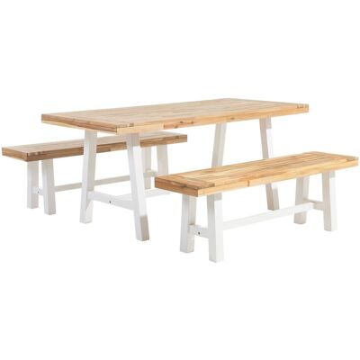 BELIANI - Set Da Giardino Tavolo E 2 Panche In Legno Acacia Chiaro Gambe Bianche Scania BELIANI - Set Da Giardino Tavolo E 2 Panche In Legno Acacia Chiaro Gambe Bianche Scania