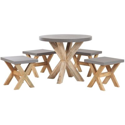 BELIANI Set Da Giardino Con Tavolo Rotondo E 4 Sgabelli In Cemento Grigio E Base In Legno Di Acacia Olbia BELIANI Set Da Giardino Con Tavolo Rotondo E 4 Sgabelli In Cemento Grigio E Base In Legno Di Acacia Olbia