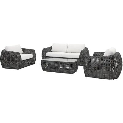 Unique Set Da Giardino In Resina Intrecciata: Un Divano Da Giardino 2 Posti, 2 Poltrone E 1 Tavolino Antracite Con Cuscini Bianchi - Veyro Di Mylia Unique Set Da Giardino In Resina Intrecciata: Un Divano Da Giardino 2 Posti, 2 Poltrone E 1 Tavolino Antracite Con Cuscini Bianchi - Veyro Di Mylia