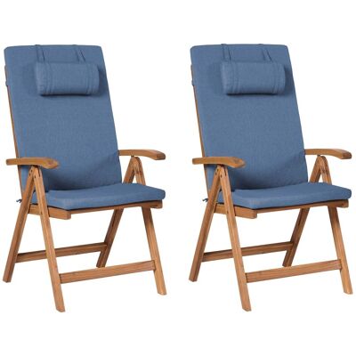 BELIANI Set Rustico Di 2 Sedie Da Giardino In Legno Di Acacia Chiaro, Pieghevoli, Con Cuscini Blu Java BELIANI Set Rustico Di 2 Sedie Da Giardino In Legno Di Acacia Chiaro, Pieghevoli, Con Cuscini Blu Java