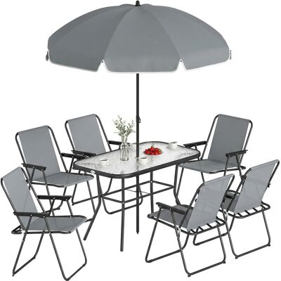 OEM Set Da Giardino 8 Pz Con Ombrellone, 6 Sedie Pieghevoli E Tavolo Da Esterno In Vetro Temperato, Grigio OEM Set Da Giardino 8 Pz Con Ombrellone, 6 Sedie Pieghevoli E Tavolo Da Esterno In Vetro Temperato, Grigio