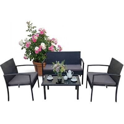 RELAXDAYS Set Giardino 4 Pz, Rattan, Panca 2 Posti, 2 Sedie & Tavolo Vetro, Nero, Di Conversazione RELAXDAYS Set Giardino 4 Pz, Rattan, Panca 2 Posti, 2 Sedie & Tavolo Vetro, Nero, Di Conversazione
