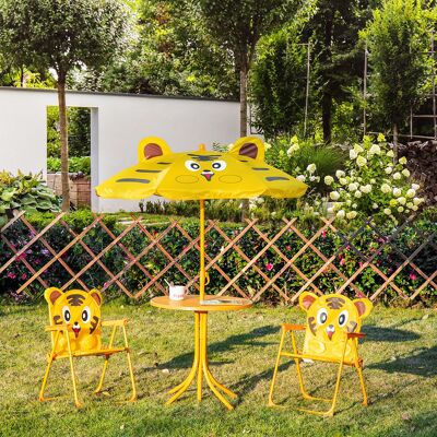 PZCC Set Di Mobili Da Giardino Per Bambini Outsunny, Composto Da 4 Pezzi Con Motivo A Tigre: Tavolo Rotondo, 2 Sedie Pieghevoli E Ombrellone, In Metallo Verniciato A Polvere Epossidica Color Giallo Oxford. PZCC Set Di Mobili Da Giardino Per Bambini Outsunny, Composto Da 4 Pezzi Con Motivo A Tigre: Tavolo Rotondo, 2 Sedie Pieghevoli E Ombrellone, In Metallo Verniciato A Polvere Epossidica Color Giallo Oxford.