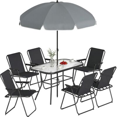 OEM Set Da Giardino 8 Pz Con Ombrellone, 6 Sedie Pieghevoli E Tavolo Da Esterno In Vetro Temperato, Nero OEM Set Da Giardino 8 Pz Con Ombrellone, 6 Sedie Pieghevoli E Tavolo Da Esterno In Vetro Temperato, Nero