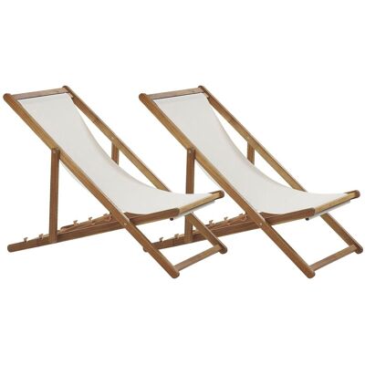 BELIANI Set Di 2 Sedie A Sdraio Pieghevoli Da Giardino, In Legno Di Acacia Chiaro Con Tessuto Bianco Sporco, Modello Anzio BELIANI Set Di 2 Sedie A Sdraio Pieghevoli Da Giardino, In Legno Di Acacia Chiaro Con Tessuto Bianco Sporco, Modello Anzio