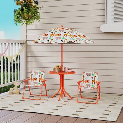 PZCC Set Di Mobili Da Giardino Per Bambini, Tavolo Per Bambini Con 2 Sedie Pieghevoli E Ombrellone Ø 100 Cm, Fantasia Animali, Arancione PZCC Set Di Mobili Da Giardino Per Bambini, Tavolo Per Bambini Con 2 Sedie Pieghevoli E Ombrellone Ø 100 Cm, Fantasia Animali, Arancione