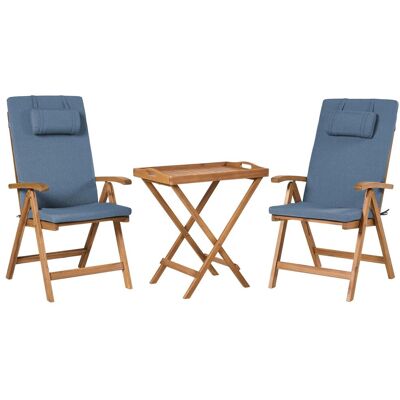BELIANI Set Da Giardino Con Tavolo In Legno Di Acacia 2 Sedie Pieghevoli E Cuscini Blu Java Premium BELIANI Set Da Giardino Con Tavolo In Legno Di Acacia 2 Sedie Pieghevoli E Cuscini Blu Java Premium