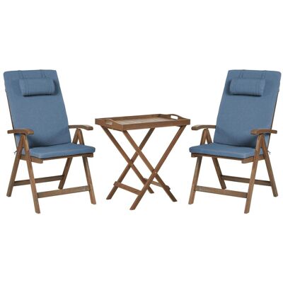 BELIANI Set Da Balcone In Stile Rustico Da Giardino: Tavolo In Acacia Massiccia Naturale E 2 Sedie Pieghevoli Con Cuscini Blu Amantea BELIANI Set Da Balcone In Stile Rustico Da Giardino: Tavolo In Acacia Massiccia Naturale E 2 Sedie Pieghevoli Con Cuscini Blu Amantea
