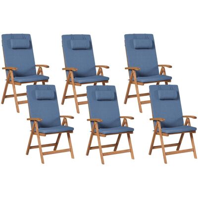 BELIANI Set Di 6 Sedie Da Giardino In Legno Di Acacia Chiaro Pieghevoli Con Cuscini Blu Java BELIANI Set Di 6 Sedie Da Giardino In Legno Di Acacia Chiaro Pieghevoli Con Cuscini Blu Java