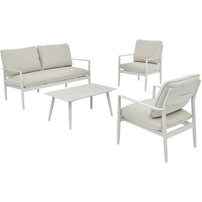 Unique Salotto Da Giardino In Alluminio: Un Divano 2 Posti, 2 Poltrone E Un Tavolino Bianco Con Cuscini Beige - Tavinya Di Mylia Unique Salotto Da Giardino In Alluminio: Un Divano 2 Posti, 2 Poltrone E Un Tavolino Bianco Con Cuscini Beige - Tavinya Di Mylia