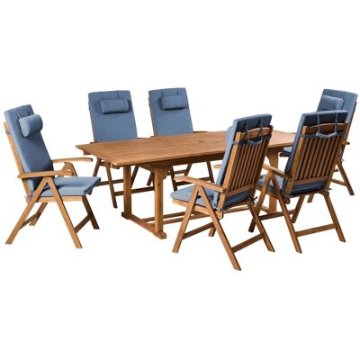 BELIANI Set Da Pranzo Da Giardino A 6 Posti In Legno Di Acacia Con Sedie Pieghevoli E Cuscini Blu Java BELIANI Set Da Pranzo Da Giardino A 6 Posti In Legno Di Acacia Con Sedie Pieghevoli E Cuscini Blu Java