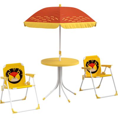TORMATOR Set Di Mobili Da Giardino Per Bambini Composto Da 4 Pezzi Con Motivo A Leone, Ombrellone Regolabile Ø 100 Cm E Sedia Pieghevole Gialla. TORMATOR Set Di Mobili Da Giardino Per Bambini Composto Da 4 Pezzi Con Motivo A Leone, Ombrellone Regolabile Ø 100 Cm E Sedia Pieghevole Gialla.