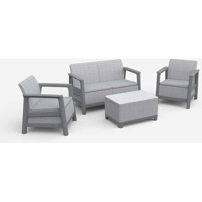 Keter Scandi Linea Lounge Set 4 Pezzi Con Cuscini - 2 Poltrone, Divano 2 Posti, Tavolino Contenitore - Effetto Jute - Grigio Chiaro Keter Scandi Linea Lounge Set 4 Pezzi Con Cuscini - 2 Poltrone, Divano 2 Posti, Tavolino Contenitore - Effetto Jute - Grigio Chiaro