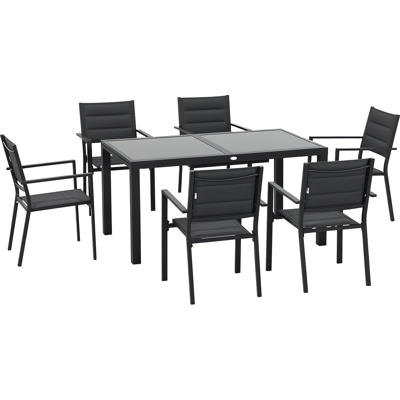 OEM Set Da Giardino Con Tavolo Allungabile In Vetro E 6 Sedie Con Seduta Traspirante, Grigio Scuro OEM Set Da Giardino Con Tavolo Allungabile In Vetro E 6 Sedie Con Seduta Traspirante, Grigio Scuro