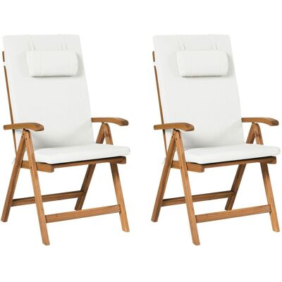 BELIANI Set Rustico Di 2 Sedie Da Giardino In Legno Di Acacia Chiaro, Pieghevoli, Con Cuscini Bianco Sporco, Java Premium BELIANI Set Rustico Di 2 Sedie Da Giardino In Legno Di Acacia Chiaro, Pieghevoli, Con Cuscini Bianco Sporco, Java Premium