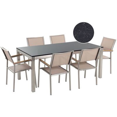 BELIANI Set Da Pranzo Tavolo Con Piano In Granito Nero 6 Sedie Beige 180 X 90 Cm Grosseto BELIANI Set Da Pranzo Tavolo Con Piano In Granito Nero 6 Sedie Beige 180 X 90 Cm Grosseto