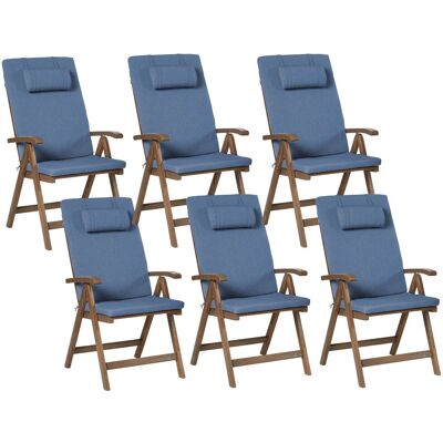 BELIANI Set Di 6 Sedie Da Giardino In Legno Di Acacia Naturale, Regolabili E Pieghevoli Con Braccioli, Cuscini Marrone Scuro E Blu Amantea BELIANI Set Di 6 Sedie Da Giardino In Legno Di Acacia Naturale, Regolabili E Pieghevoli Con Braccioli, Cuscini Marrone Scuro E Blu Amantea