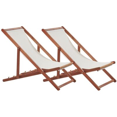 BELIANI Set Di 2 Sedie A Sdraio Pieghevoli Da Giardino, In Legno Di Acacia Scuro Con Tessuto Bianco Sporco, Anzio BELIANI Set Di 2 Sedie A Sdraio Pieghevoli Da Giardino, In Legno Di Acacia Scuro Con Tessuto Bianco Sporco, Anzio